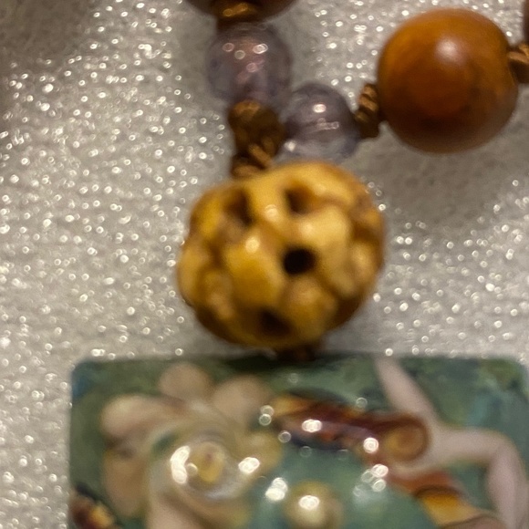 Bayong Wood Bead Necklace - Pewter Cross, Glass Bead, Carved Bone Bead - Picture 5 of 13